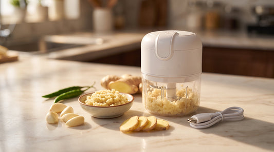 Rechargeable USB cordless mini vegetable chopper with garlic, ginger and chilies on an Indian kitchen counter