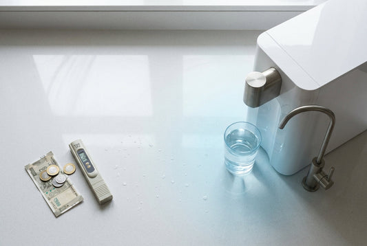 Is an RO water purifier worth it in India — TDS meter, rupees and an RO unit on a kitchen counter