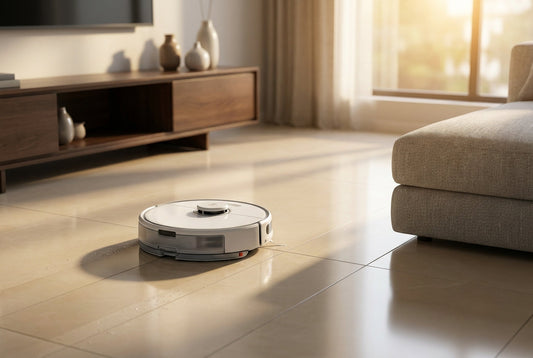 Robotic vacuum cleaner cleaning a tiled floor in an Indian living room