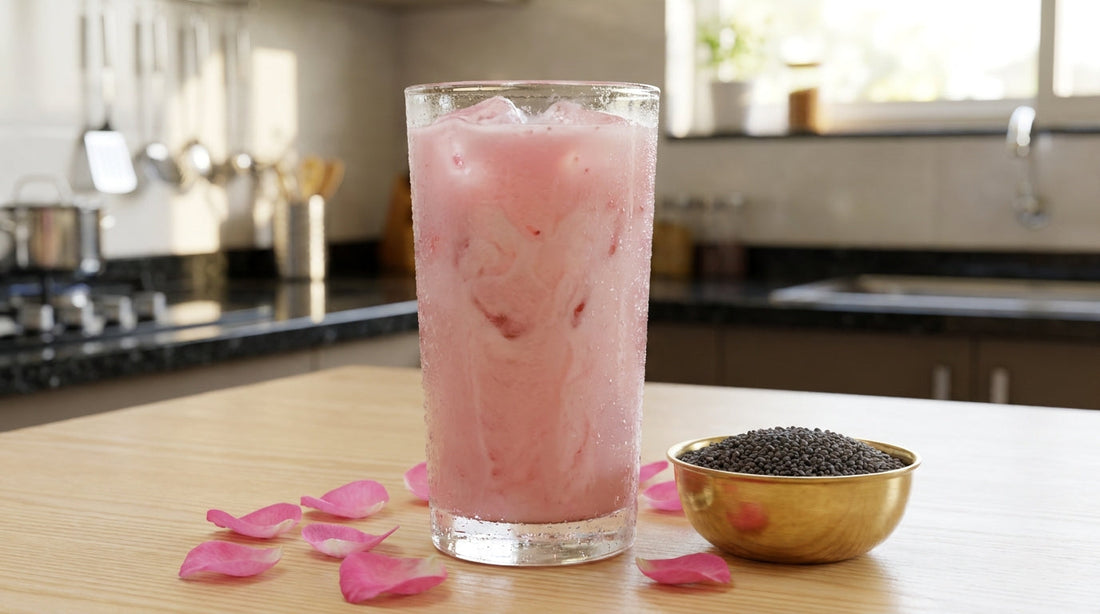 Ice-cold rose milk in a tall glass with rose petals and sabja seeds in an Indian kitchen