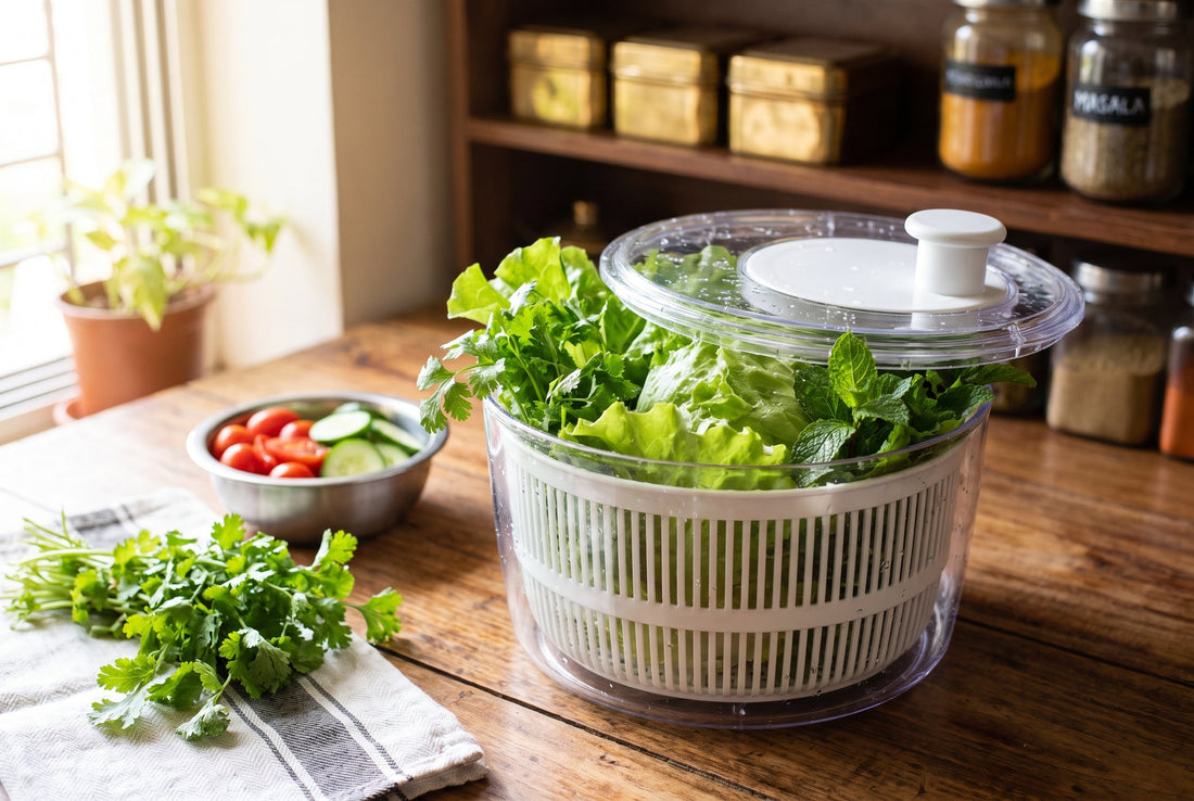 Salad spinner drying fresh coriander, mint and lettuce on an Indian kitchen counter