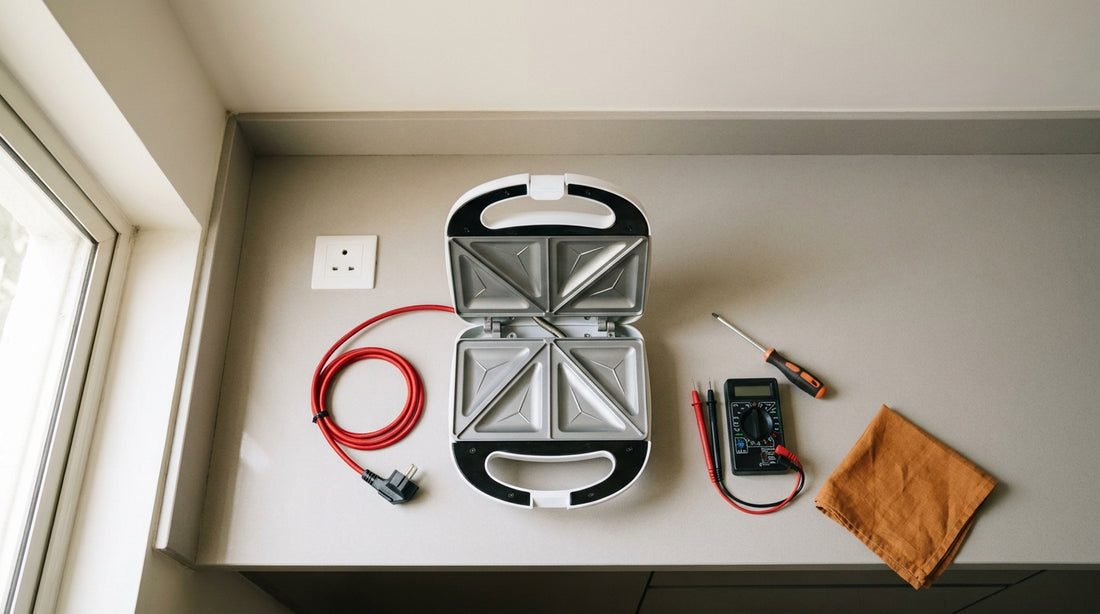 Unplugged sandwich maker with multimeter and screwdriver for a not-heating power and thermostat check