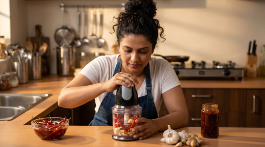 Schezwan chutney with soaked red chilies and electric chopper