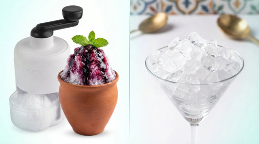Ice shaver producing fluffy snow-like gola next to ice crusher with chunky crushed ice pieces