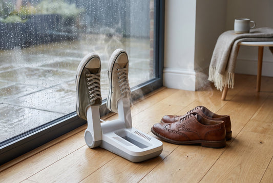 Electric shoe dryer drying wet sneakers and leather shoes by a rainy window during the India monsoon