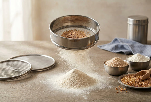 A steel flour sieve suspended above a kitchen counter with fine atta falling through the mesh and coarse bran left behind, beside two sieves of different mesh, bowls of atta and maida and a plate of wheat grains