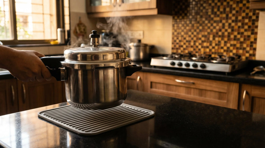Silicone trivet mat protecting granite kitchen counter from hot pressure cooker in Indian kitchen