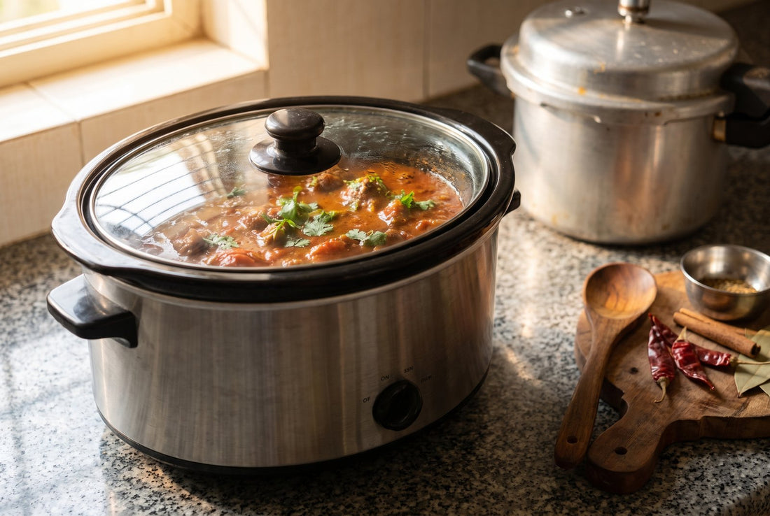 Electric slow cooker with curry beside a stovetop pressure cooker in an Indian kitchen - slow cooker vs pressure cooker India