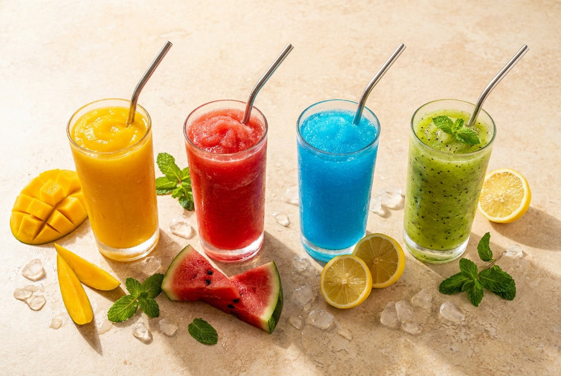 Colorful homemade summer slushies in glasses — mango, watermelon, blue lemon and kiwi mint slush machine recipes