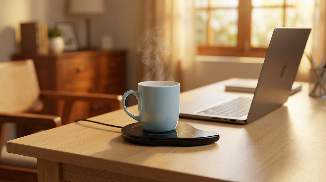 Smart Mug Warmer Review - InstaCuppa mug warmer on desk with ceramic coffee mug and steam