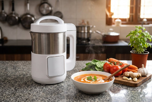 Electric soup maker appliance with fresh vegetables and a bowl of homemade soup in an Indian kitchen