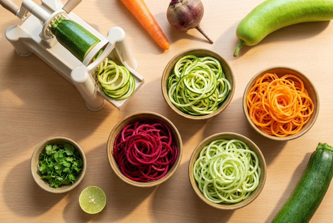 Spiralizer recipes - zucchini, carrot, beetroot and cucumber veggie noodles in an Indian kitchen