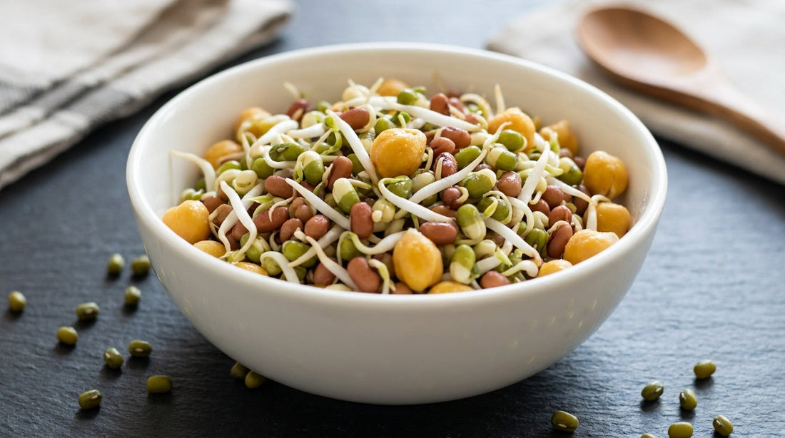 Sprouts protein guide India - moong matki chana sprouts in bowl