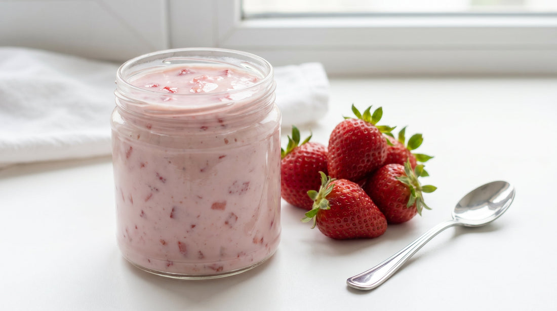 Fresh strawberry yogurt with sliced strawberries in white bowl