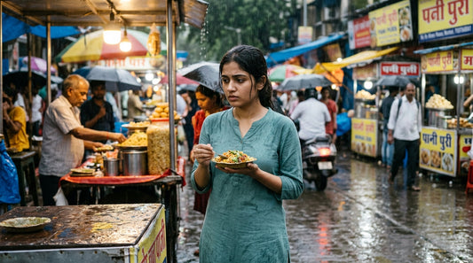 Indian woman at street food stall in monsoon - is street food safe in monsoon India