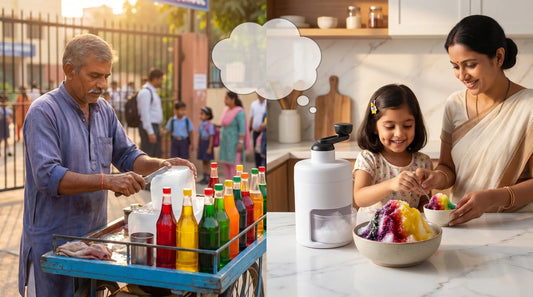 Street gola vendor cart next to a clean home kitchen with an ice shaver — street gola safety comparison