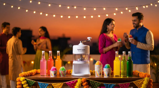 InstaCuppa Manual Ice Shaver set up as a gola bar at a summer terrace party with colourful syrups and fairy lights