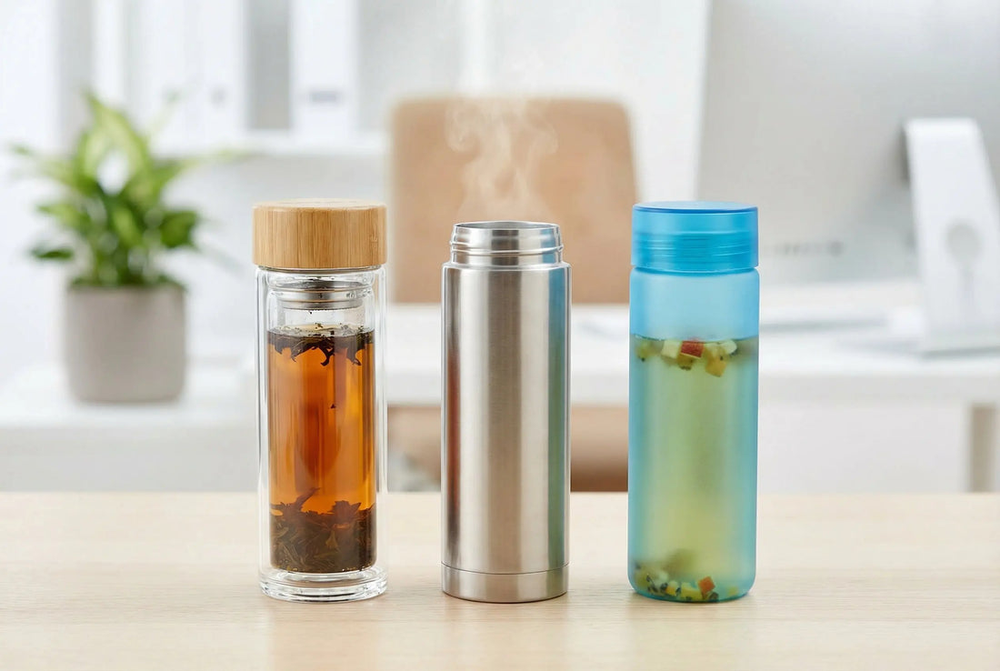 Three tea bottles on an office desk: glass infuser, stainless steel thermos, and plastic bottle side by side