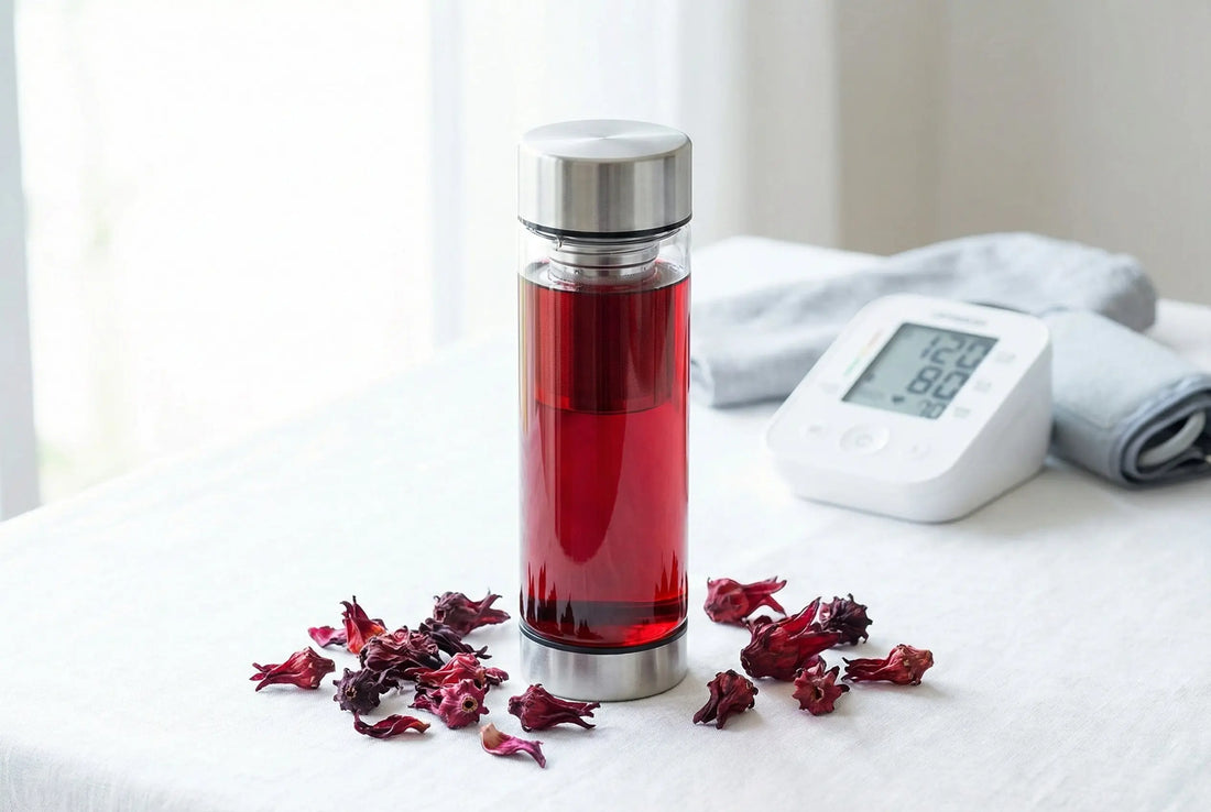 Glass tea infuser bottle with ruby-red hibiscus tea and BP monitor in background