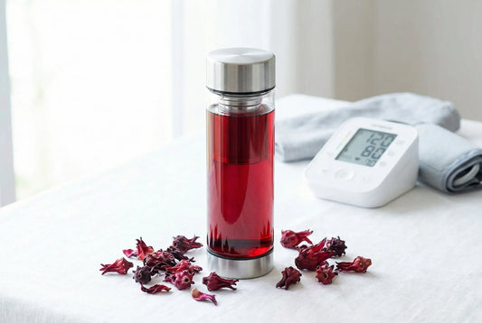 Glass tea infuser bottle with ruby-red hibiscus tea and BP monitor in background
