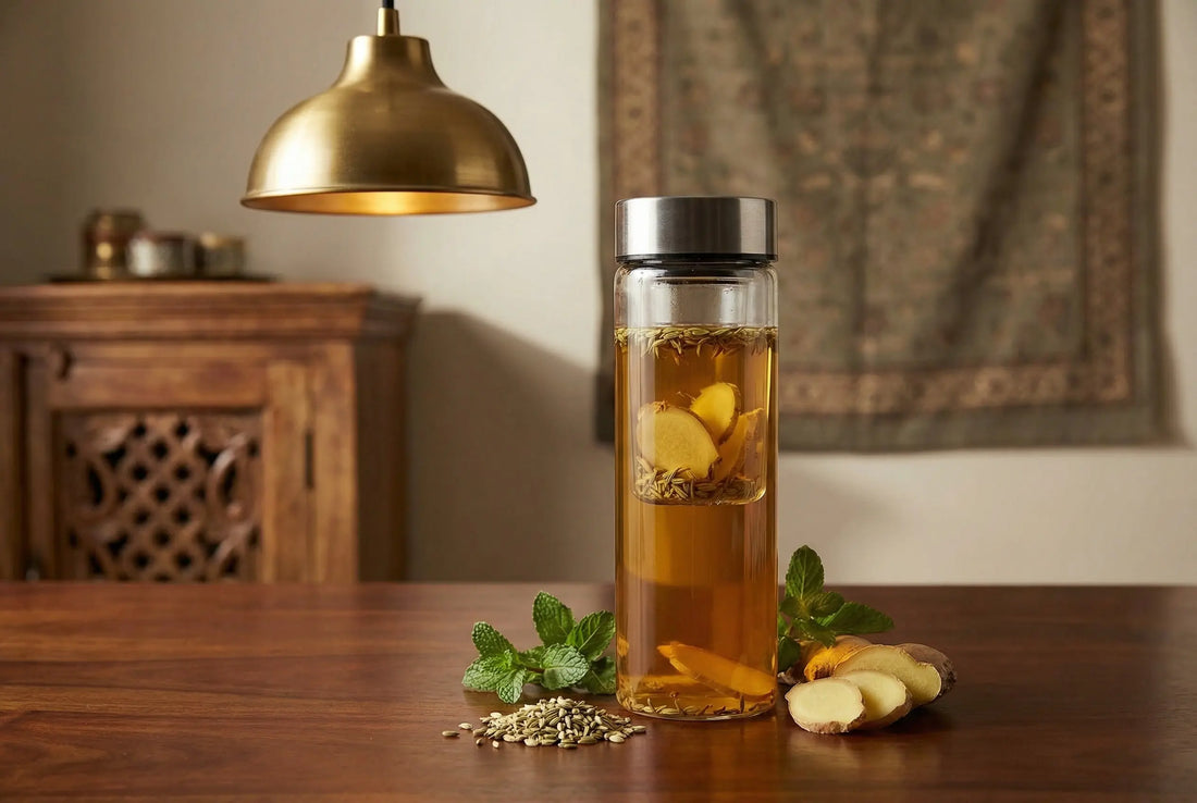 Glass tea infuser bottle with ginger-fennel digestive tea after a meal