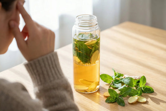 Glass tea infuser bottle with peppermint-ginger tea for headache relief