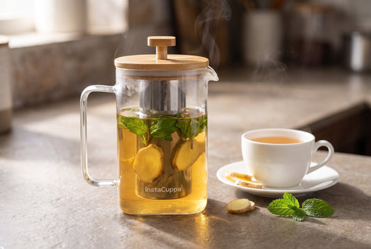 An InstaCuppa glass press pot with a steel mesh infuser holding fresh ginger coins and peppermint sprigs in a golden infusion, steaming on an Indian kitchen counter beside a white cup of the same tea