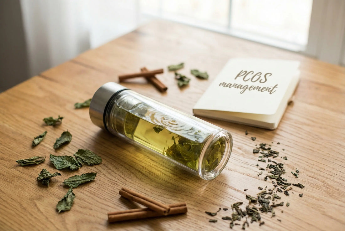 Glass tea infuser bottle with spearmint tea for PCOS management