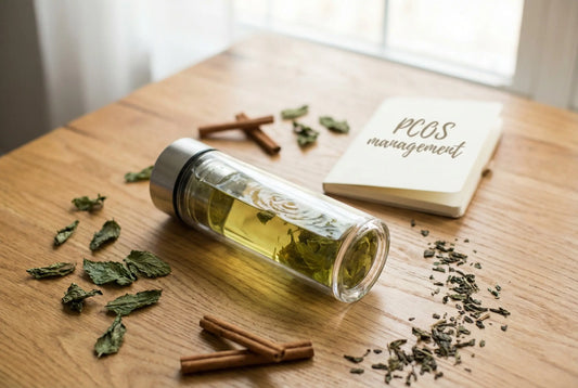 Glass tea infuser bottle with spearmint tea for PCOS management