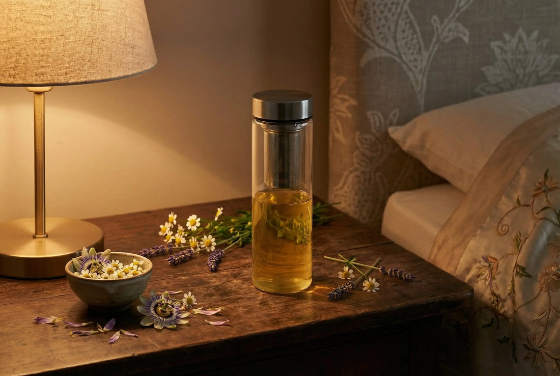 Glass tea infuser bottle with chamomile tea on bedside table for sleep