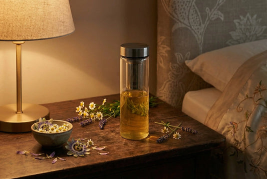 Glass tea infuser bottle with chamomile tea on bedside table for sleep