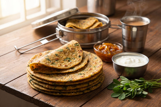A stack of thin golden methi thepla flecked with green fenugreek and sesame, the top one folded, with a steel katori of curd, sweet mango chhundo, fresh methi leaves, an open steel tiffin of theplas and a tumbler of chai