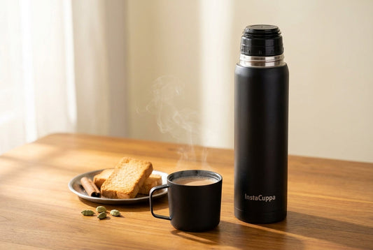 Thermos flask for tea - the matte black InstaCuppa thermos flask with its steel cup-cap removed and filled with steaming masala chai, beside rusk and cardamom on a wooden table