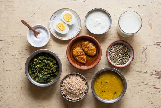 InstaCuppa thyroid food India: iodised salt, boiled eggs, curd, milk, fish curry, sunflower and pumpkin seeds, palak, brown rice and dal