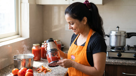Tomato puree at home with blanched tomatoes and electric chopper