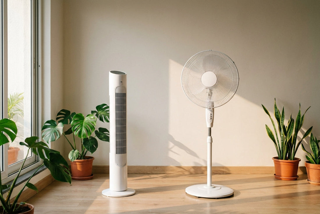 Tower fan vs pedestal fan compared side by side in an Indian living room in summer