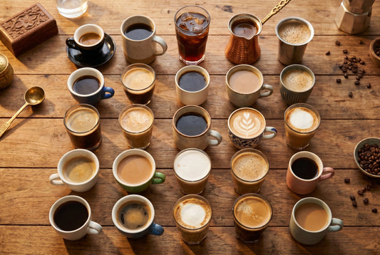 Types of coffee drinks guide showing espresso latte cappuccino cold brew and more