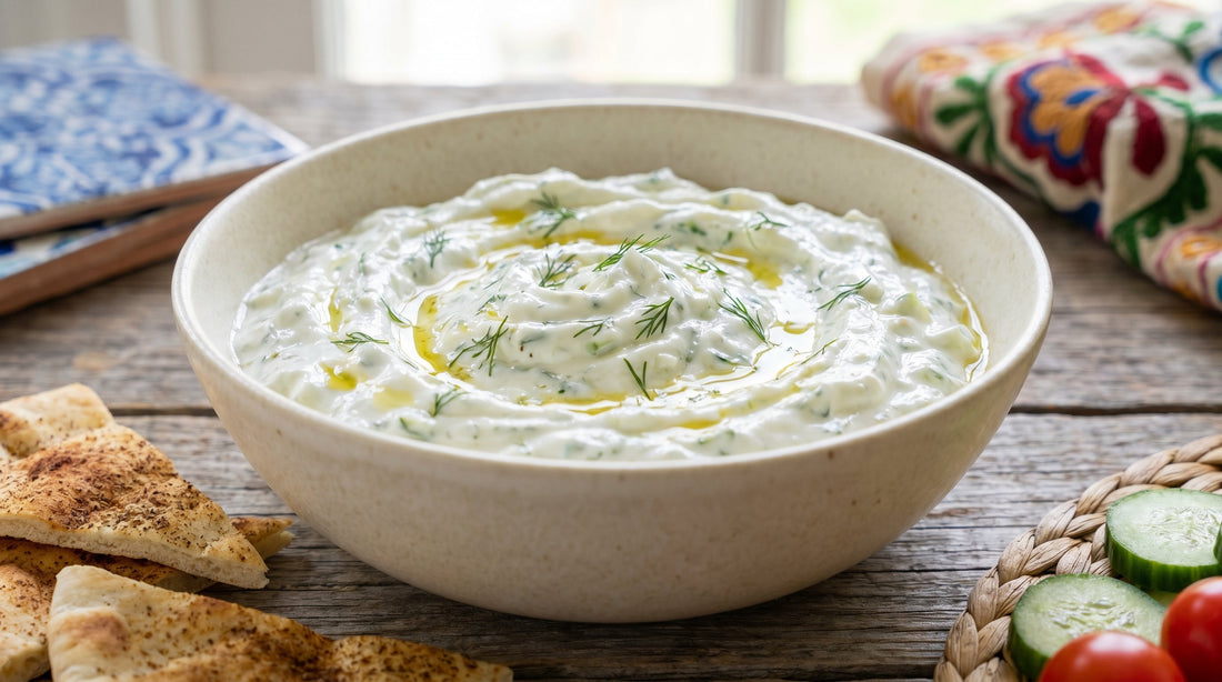 Tzatziki dip made with hung curd, cucumber, and herbs in a bowl on an Indian kitchen counter