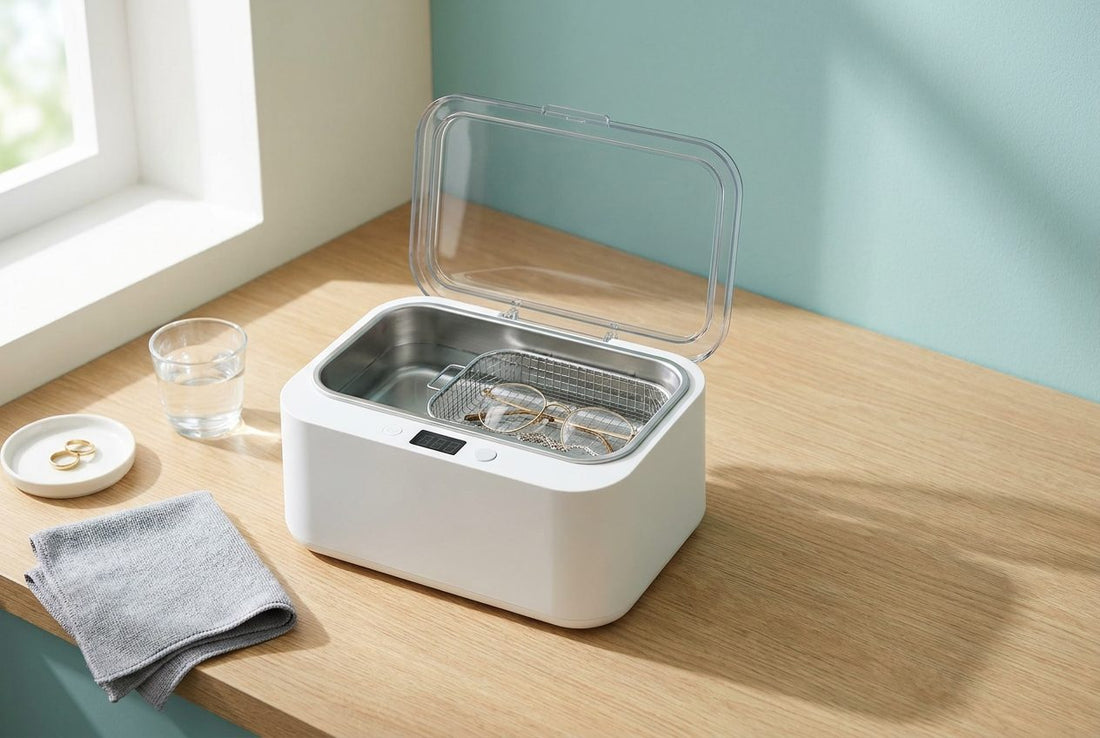 White household ultrasonic cleaner machine with its lid open, a steel basket holding gold spectacles and a silver chain, beside a gold ring on a dish and a grey cloth on a wooden counter