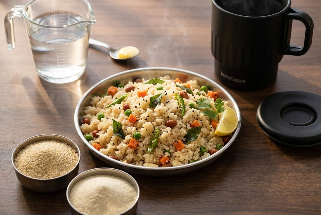Rava upma with separate fluffy grains in a steel thali, beside two katoris of coarse and fine semolina, a glass measuring jug of water and an InstaCuppa non-stick multicook kettle