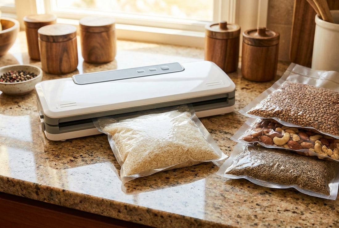 Vacuum sealer machine sealing a bag of rice next to vacuum-sealed bags of dal and dry fruits on an Indian kitchen counter