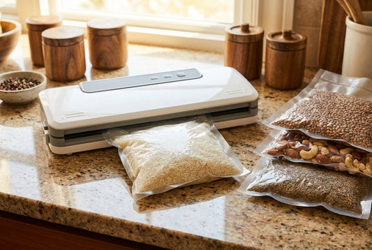 Vacuum sealer machine sealing a bag of rice next to vacuum-sealed bags of dal and dry fruits on an Indian kitchen counter