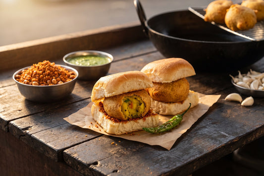 Two Mumbai vada pav on butter paper with a golden batata vada cut to show the yellow potato filling, beside bowls of red dry garlic chutney and green chutney, a fried green chilli and a kadhai of vadas