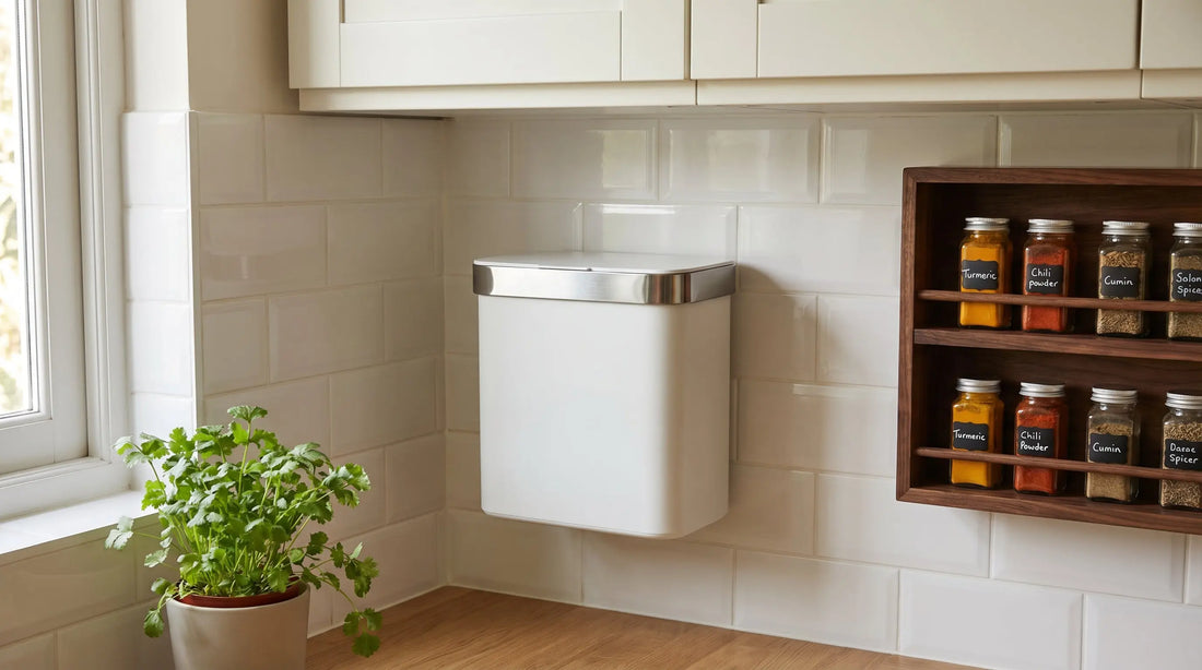 Wall mounted dustbin in small Indian kitchen