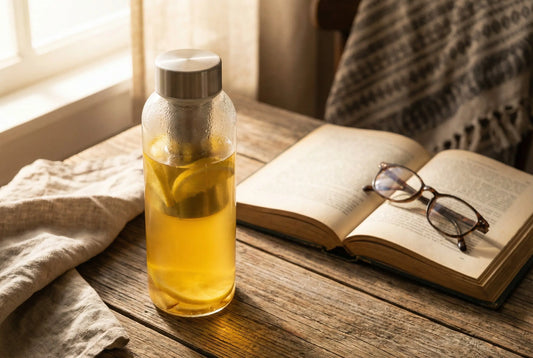 Glass tea infuser bottle with warm lemon-ginger water on a wooden breakfast table in morning sunlight