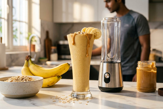 Weight gain shake with banana oats and peanut butter next to a portable blender in an Indian kitchen