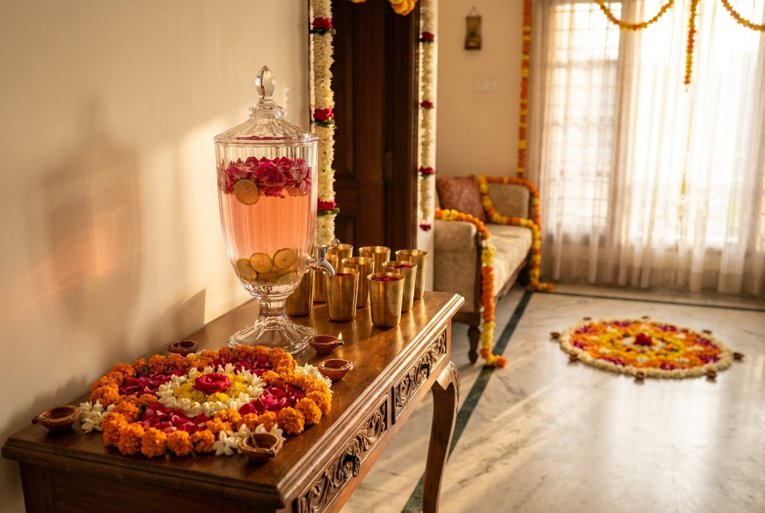 Welcome drinks for guests served in a glass beverage dispenser in an Indian home