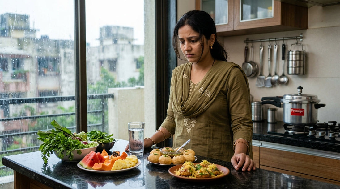 Indian woman checking monsoon foods - what not to eat in monsoon India