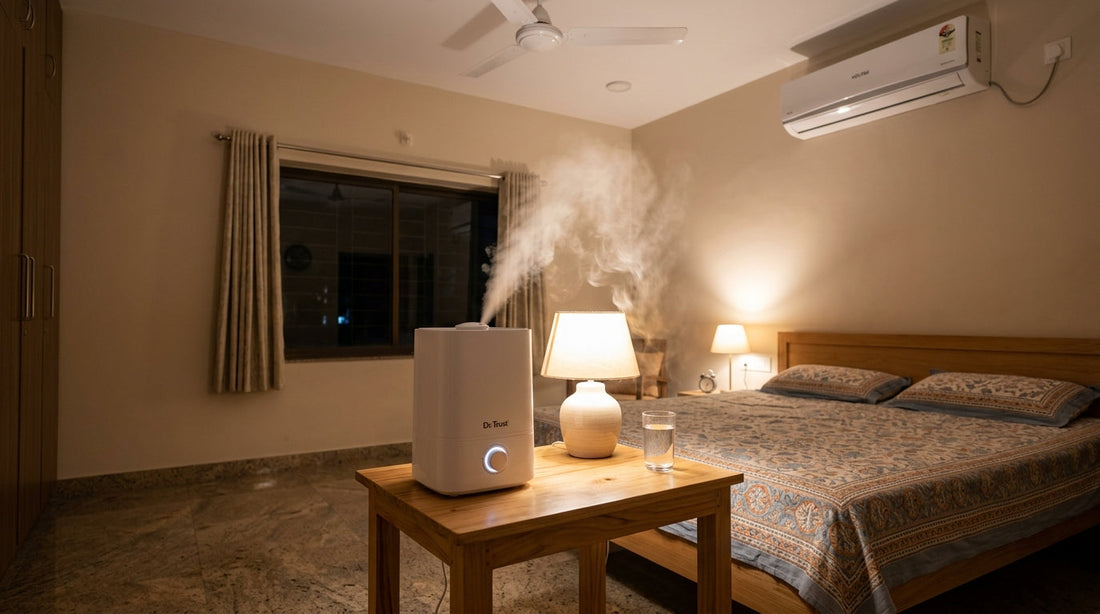 Where to keep a humidifier in your room - humidifier placed on bedside table in Indian bedroom