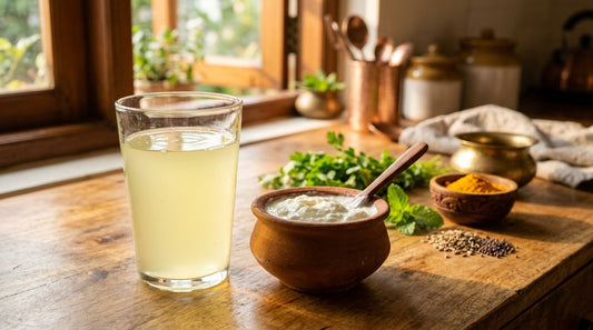 Glass of whey water with fresh curd in Indian kitchen - whey water benefits
